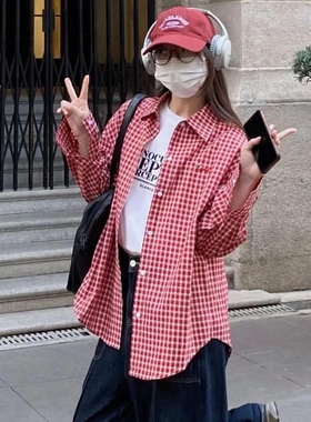 刺绣红色格子衬衫2025春季新款复古港风衬衣chic外套女宽松