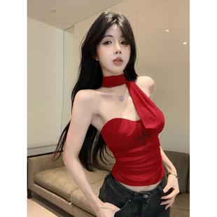 9531带胸垫烫钻飘带挂脖背心女网纱拼接辣妹性感外穿抹胸上衣