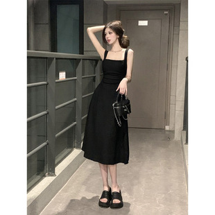 黑色裙子 收腰显瘦气质中长款 高级感褶皱吊带连衣裙女ins夏季 新款