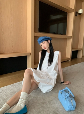 韩系白色无袖背心连衣裙女夏季温柔风气质裙子小个子宽松花苞短裙