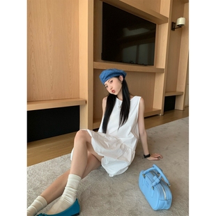 韩系白色无袖 温柔风气质裙子小个子宽松花苞短裙 背心连衣裙女夏季