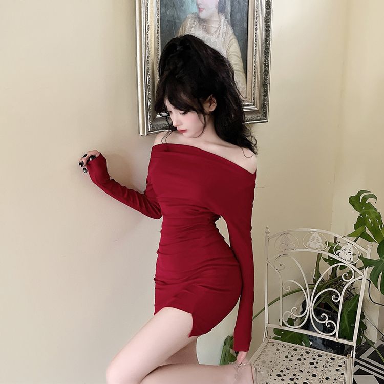 早秋气质黑色夜场性感女装紧身裙子一字肩长袖小妈包臀连衣裙短裙