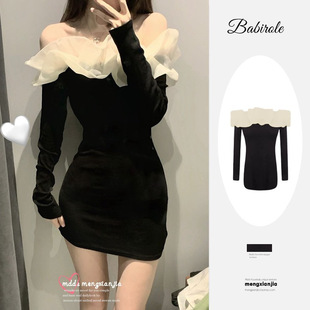 纯欲网纱拼接一字肩连衣裙女秋感生日小礼裙气质收腰包臀裙子