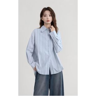 韩版 女春秋2025新款 宽松休闲POLO领衬衣外套上衣 衬衫 蓝色条纹长袖