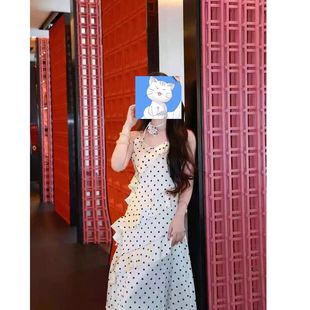法式 收腰显瘦纯欲荷叶边显瘦长裙子 波点吊带连衣裙女2025春夏新款