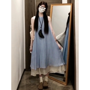 宽松显瘦垂坠感气质长裙子 新款 法式 条纹肌理感假两件连衣裙女夏季