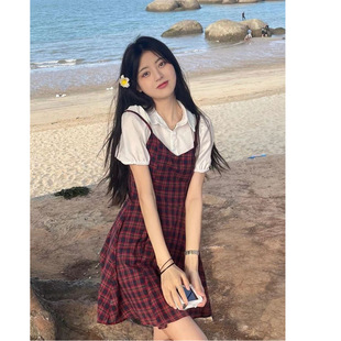 假两件泡泡袖 小众设计高级感气质收腰短裙子 格子吊带连衣裙女夏季