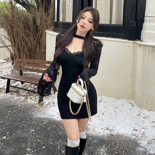 短裙显身材收腰包臀裙子 蕾丝拼接修身 纯欲风黑色长袖 连衣裙女秋季