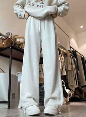 白灰色运动裤女春秋冬款2025年新款加绒美式高腰直筒宽松休闲卫裤