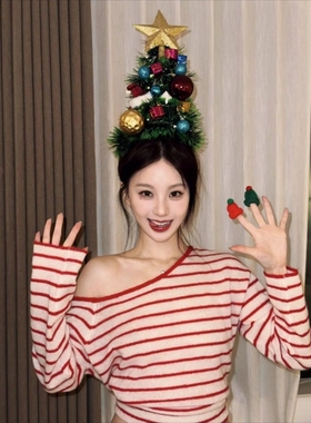 圣诞红色条纹斜肩长袖打底衫女秋冬辣妹短款纯欲修身内搭上衣