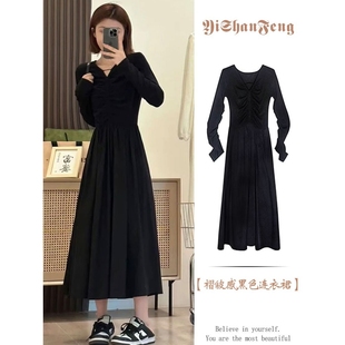法式 赫本风感黑色长袖 女装 2024新款 长裙小个子 连衣裙子早秋季