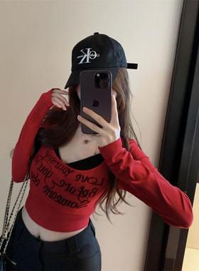红色大领口挂脖正肩长袖t恤女秋季修身紧身高腰露脐短款甜辣上衣