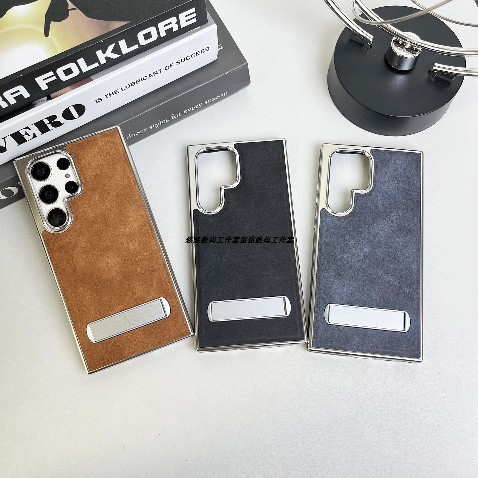 电镀皮纹支架壳适用三星S24ultra手机壳s23ultra高级感防摔s22+手机套s23puls简约s24商务奢华真皮手感