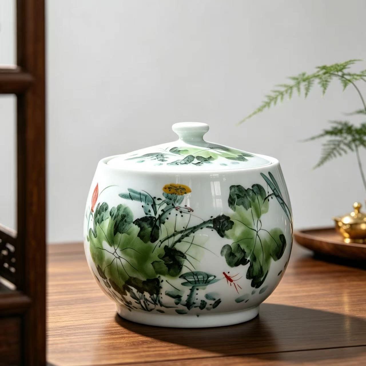 景德镇陶瓷荷花手绘密封茶叶罐