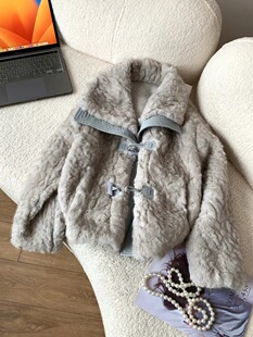 韩国大翻领牛角扣毛毛短款 加厚皮毛一体小个子 外套女皮草夹克冬季