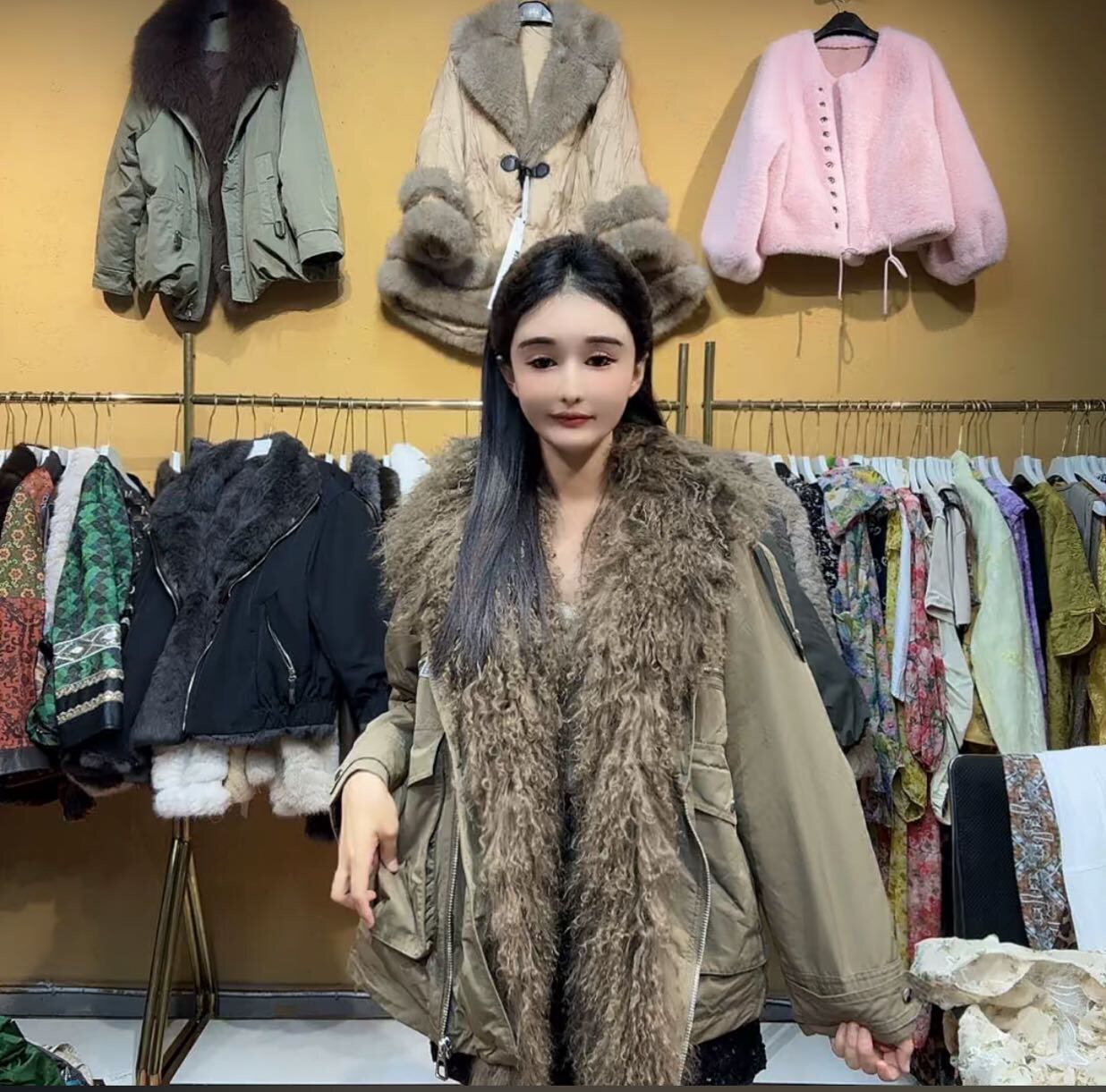 滩羊毛军绿色派克羽绒服女2026新款冬季加厚大毛领