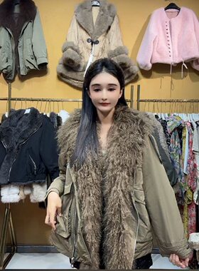 滩羊毛军绿色派克羽绒服女2026新款冬季加厚大毛领