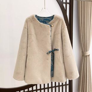 进口天鹅绒大衣中式 水貂皮草女外套短冬新款