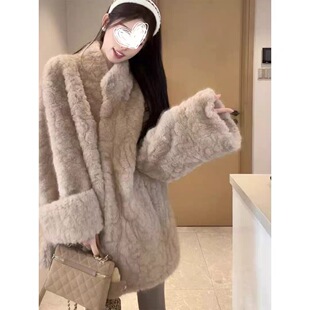 皮毛一体中长款 宽松花狐貂环保毛毛大衣冬慵懒感羊羔毛皮草