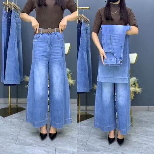 浅蓝九分阔腿牛仔裤女2026春夏