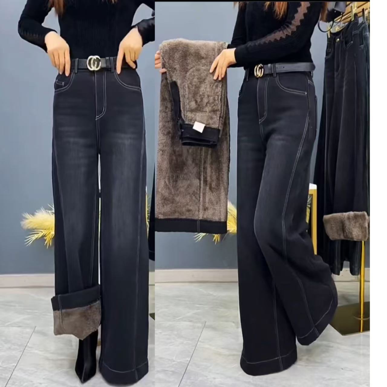 一体绒加厚阔腿牛仔裤女2025年秋冬新款气质高腰显瘦抗寒保暖长裤