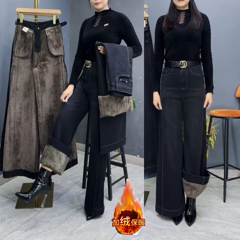 九分牛仔裤女2025新款冬季高腰加绒加厚一体羊羔绒小个子阔腿裤子,女装/女士精品,牛仔裤,淘宝优惠券,粉丝福利购,淘宝优惠卷