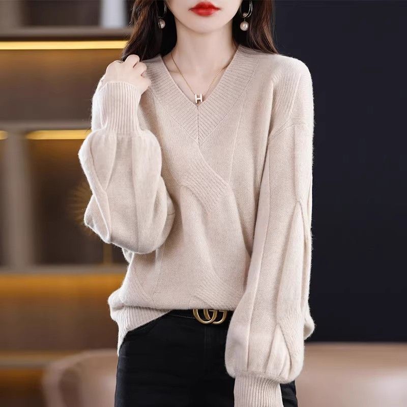 别致漂亮商场同款明星秋冬扭花慵懒针织衫宽松外穿毛衣针织衫上衣