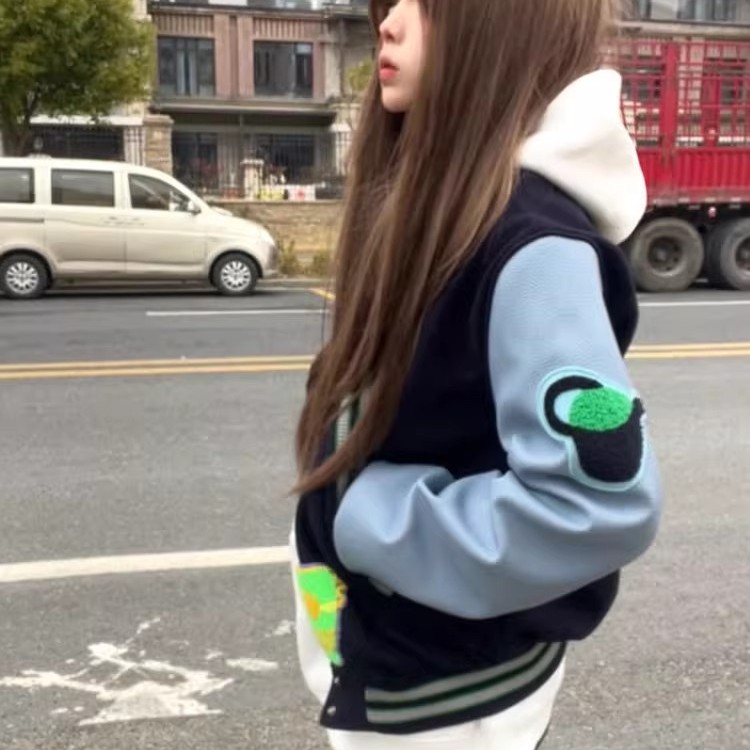 美式复古蓝色皮袖拼接棒球服男女春秋季潮牌高级感刺绣毛呢外套褂