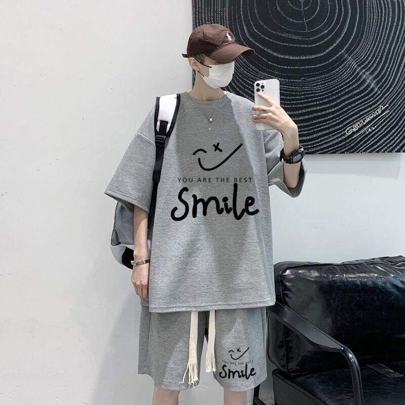 夏季潮牌华夫格短袖T恤男士韩版潮流宽松五分运动短裤两件套套装