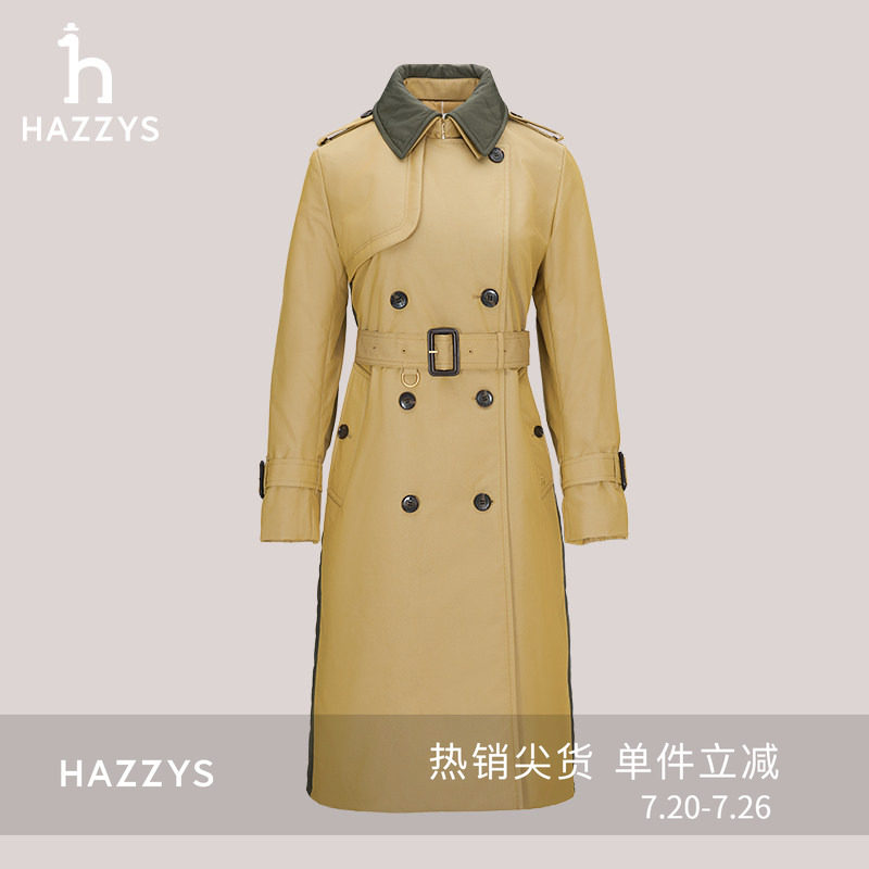 Hazzys哈吉斯中长款风衣女士秋冬舒适时尚休闲双排扣外套潮