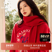 T恤通勤时尚 Hazzys哈吉斯红色宽松卫衣女士春季 长袖 潮流圆领上衣