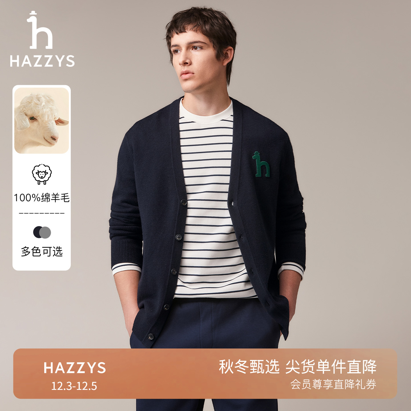 哈吉斯休闲V领长袖针织衫