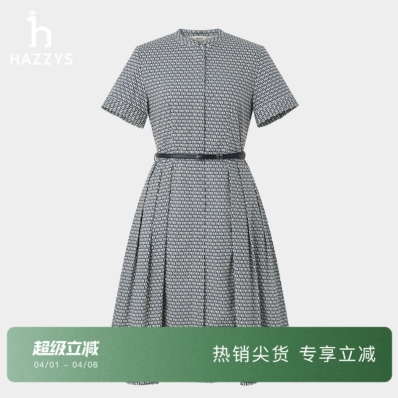 Hazzys哈吉斯短袖HARIATO印花连衣裙女士夏季纯棉舒适英伦风裙子