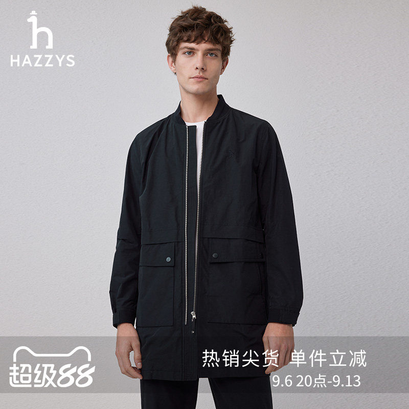 Hazzys哈吉斯春秋季棒球领时尚休闲风衣中长通勤商务纯色外套男潮