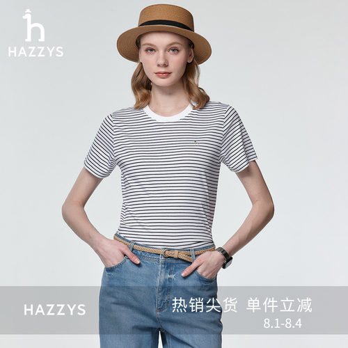 Hazzys哈吉斯短袖T恤女士春夏季细条纹时尚休闲潮流通勤圆领上衣
