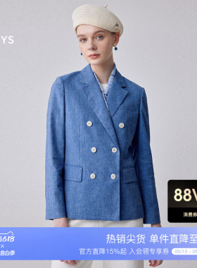 Hazzys哈吉斯棉麻双排扣单西女士商务通勤休闲蓝色潮流西装西服