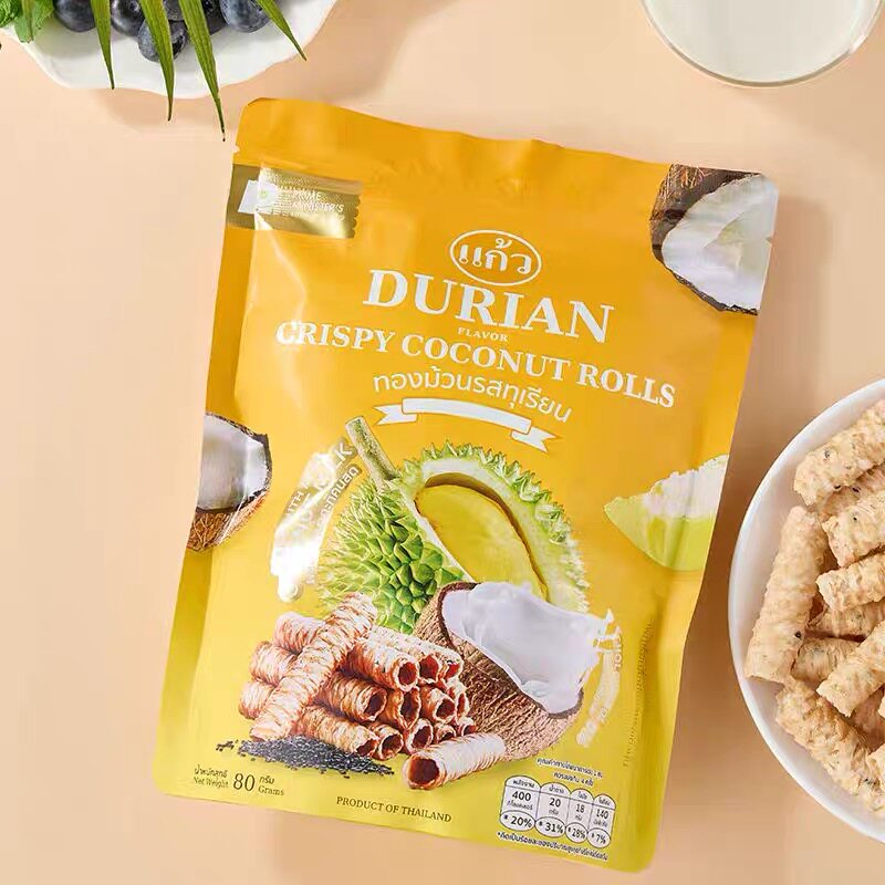 临期特价 泰国进口卡利维 榴莲味椰香脆卷80g办公室休闲零食蛋卷