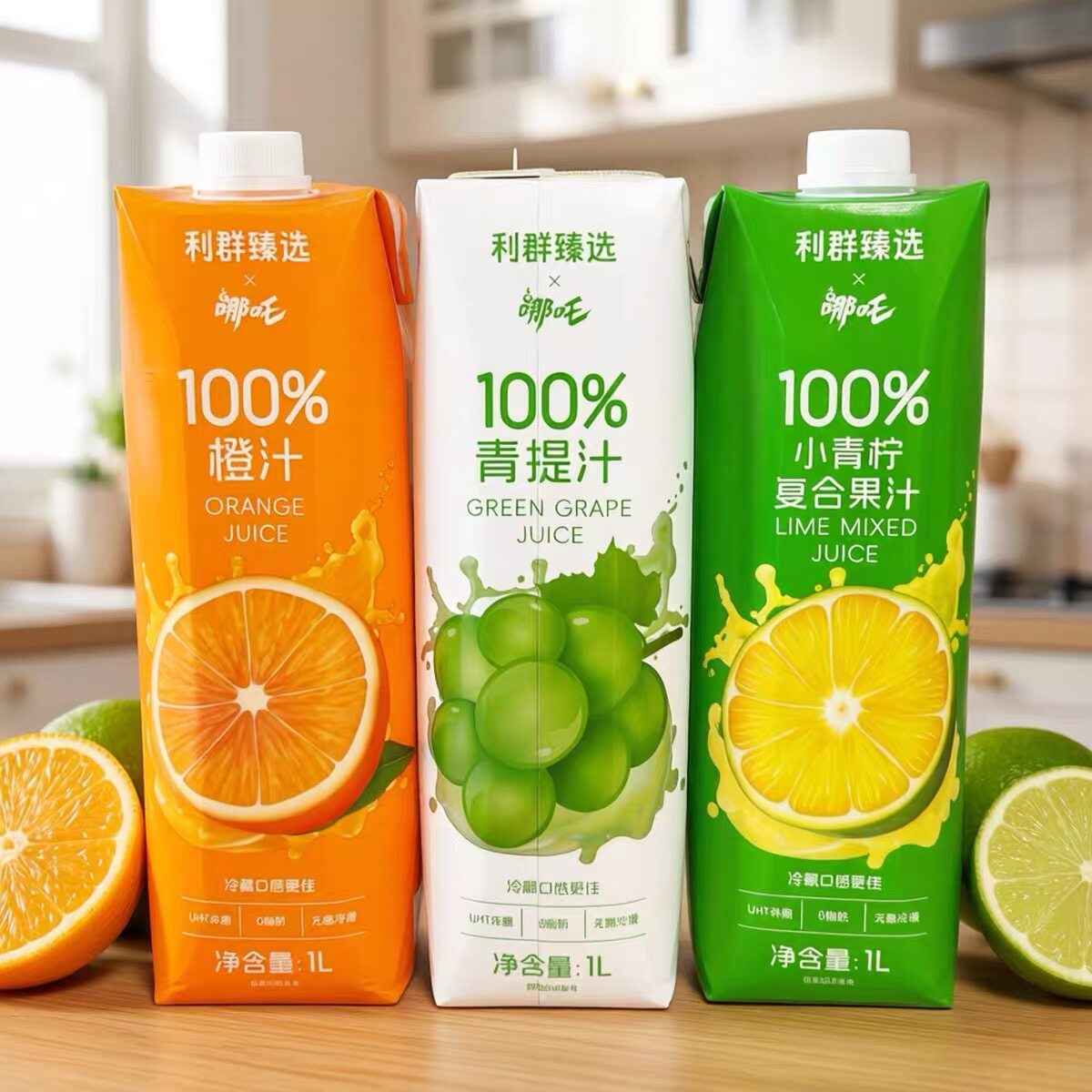 临期特价利群臻选哪吒100%橙子柠檬青提汁1L装无添加浓缩还原果汁图片