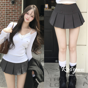 Rose欧尼 韩国代购百褶半身裙女高腰显瘦A字短裙纽扣装饰