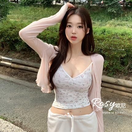 Rose欧尼 韩国代购蕾丝拼接波点吊带背心女V领修身显瘦开衫套装