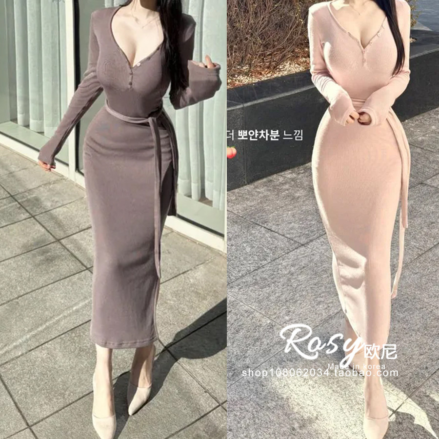 Rose欧尼 韩国代购御姐风V领针织连衣裙女长袖收腰系带修身开叉