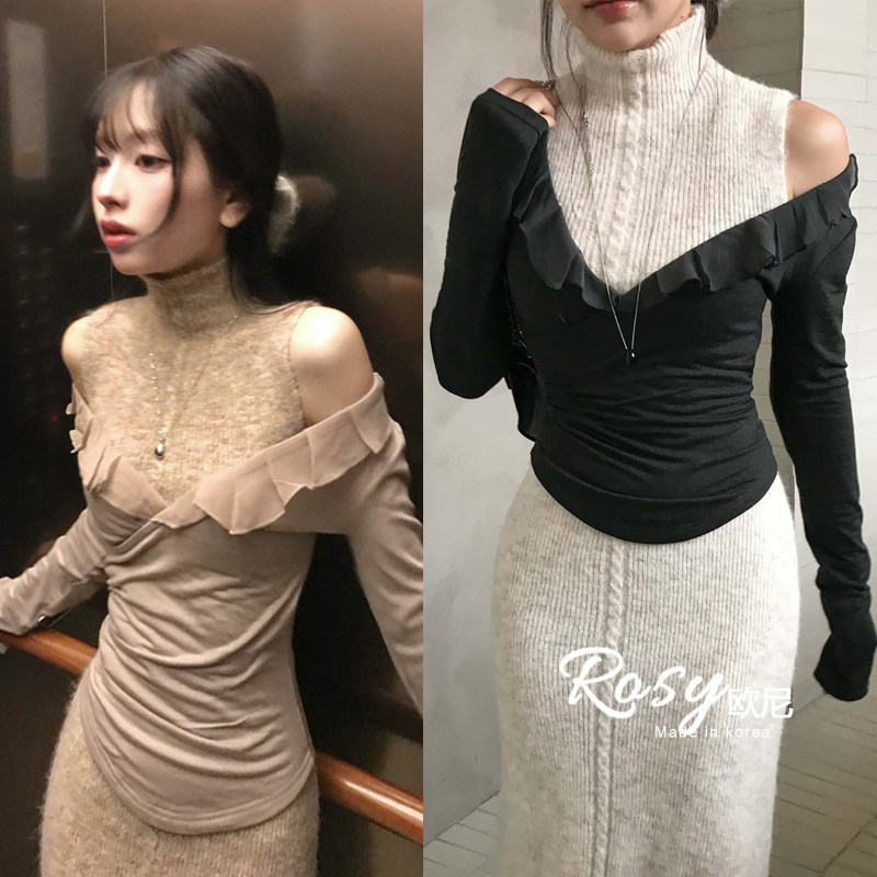 Rose欧尼 韩国代购露肩荷叶边针织+高领修身显瘦时尚连衣裙两件套