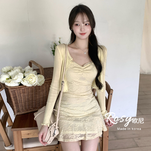 Rose欧尼 韩国代购蕾丝吊带连衣裙女叠穿长袖开衫两件套显瘦套装