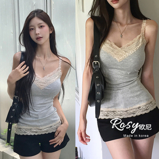 Rose欧尼 韩国代购甜美蕾丝拼接V领吊带背心女修身显瘦内搭打底衫