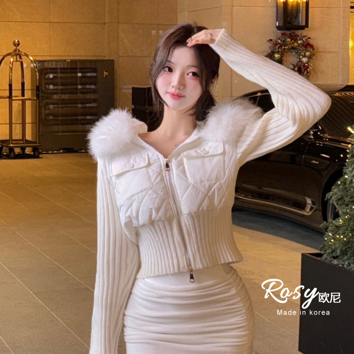 Rose欧尼 韩国代购高级性感舒适仿皮草毛领短款外套