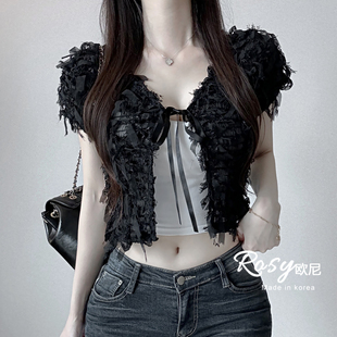 Rose欧尼 韩国代购甜辣风流苏绑带短款开衫女减龄纯欲毛衣外搭