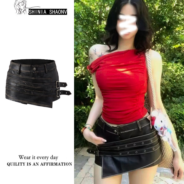 做旧擦色不对称包臀短裙裤女设计感修身显瘦性感辣妹黑色短裙子潮