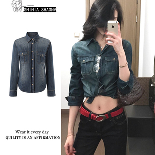 显瘦百搭长袖 2025秋季 女设计感修身 水洗蓝色收腰牛仔衬衫 上衣 新款