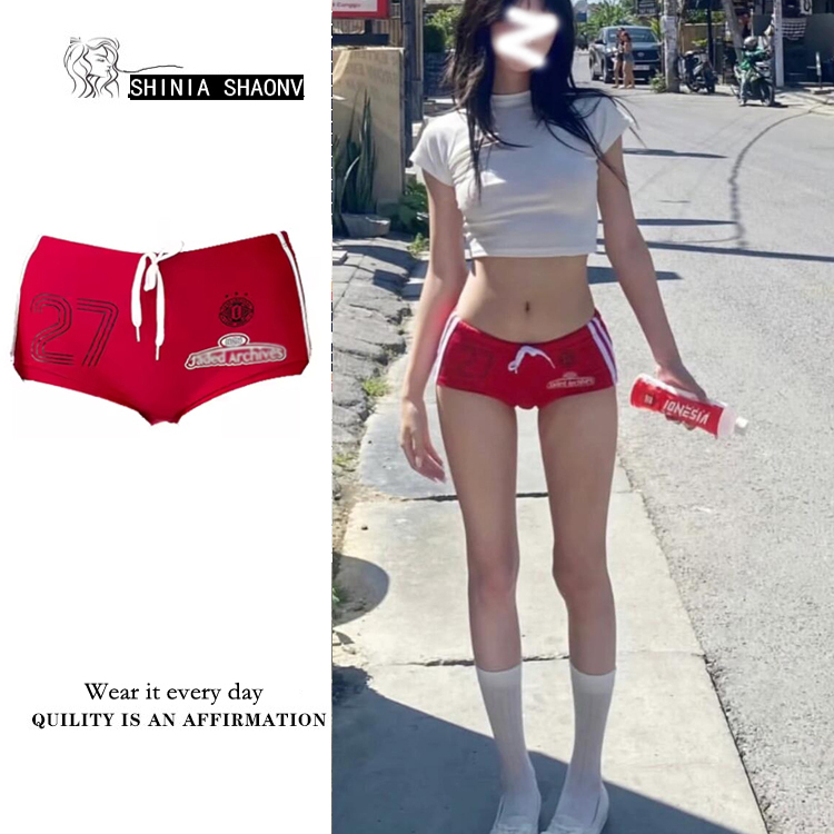 美式辣妹字母印花红色抽绳超短裤
