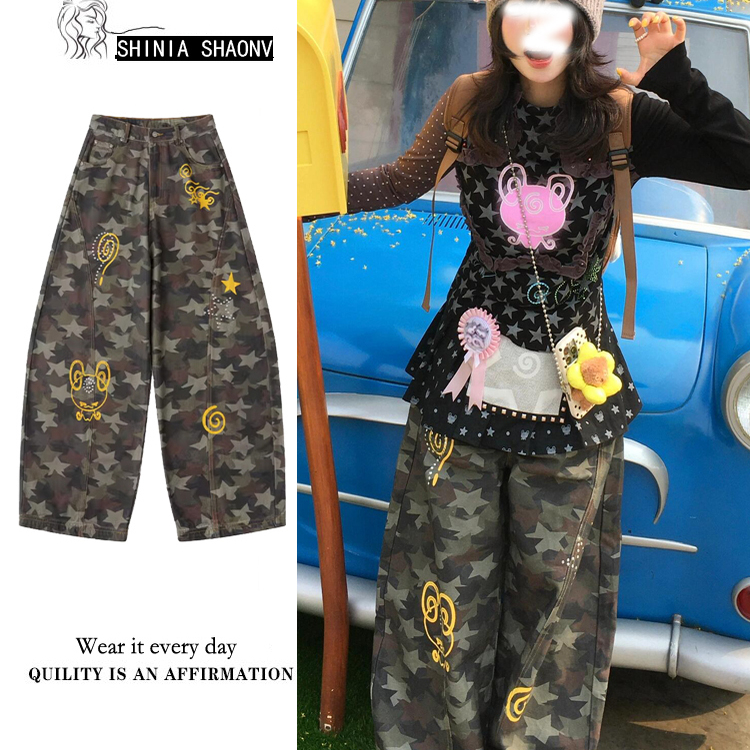 卡通印花星星烫钻迷彩阔腿牛仔裤女古早辣妹宽松显瘦减龄休闲长裤
